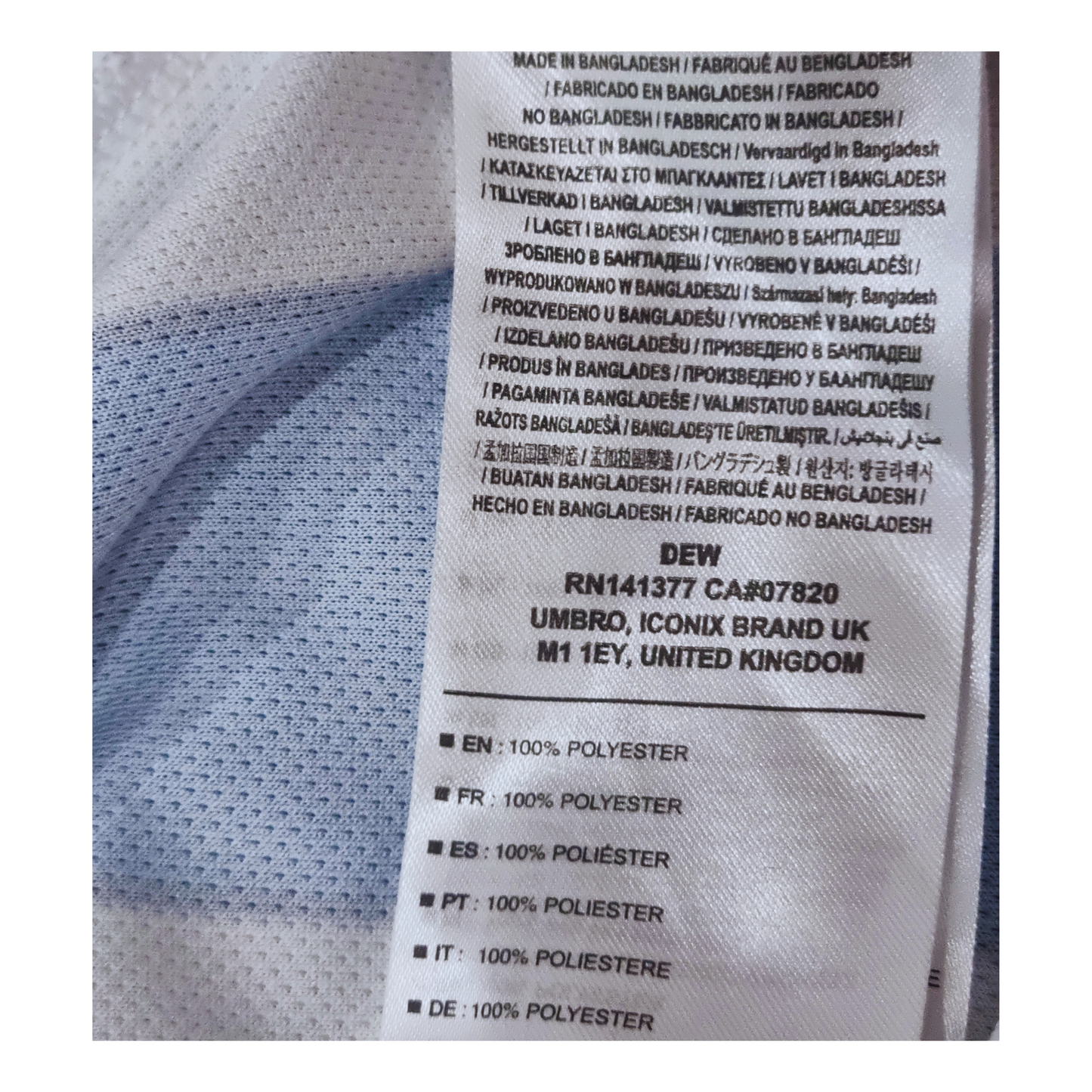 A close up of an Umbro Huddersfield Town 2019/20 Home Jersey label on a shirt.