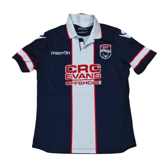 A navy and white Macron Ross County 2016/17 Home Jersey with the words "grc evans" on it, available in small size.