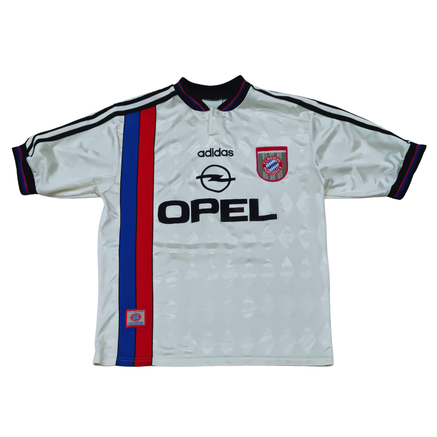 A Adidas Bayern Munich 1996/98 Away Jersey with a red, blue, and white stripe.