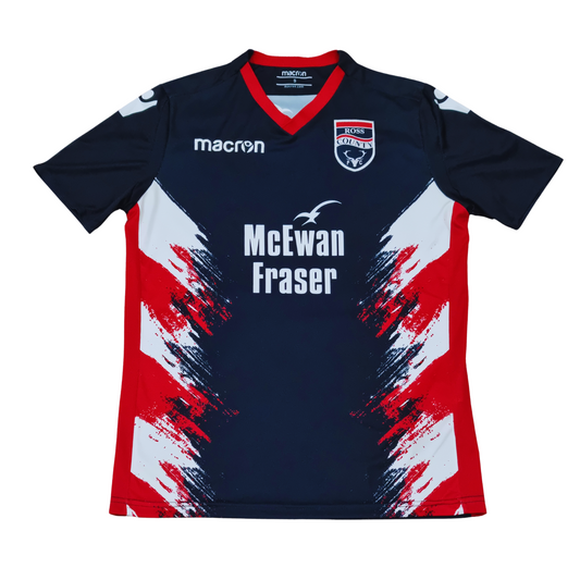 A navy and red Ross County 2018/19 Home Jersey with the word Macron on it, available in mens size Small.