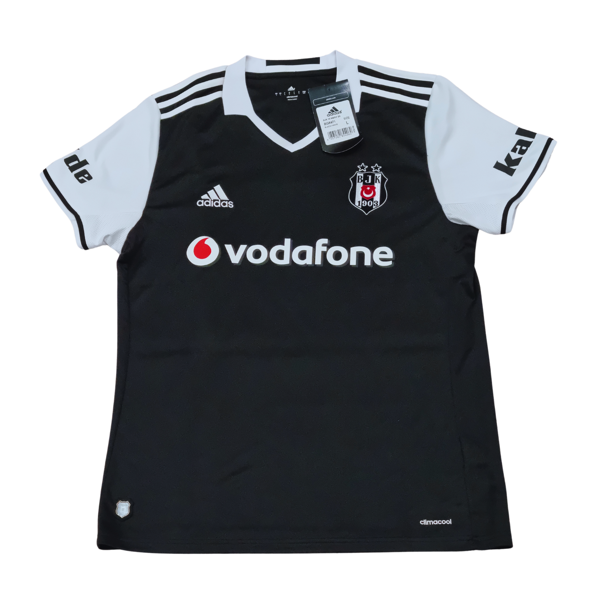 A Adidas Besiktas 2016 Away Jersey, made by Adidas, featuring a black and white design with a logo on it.