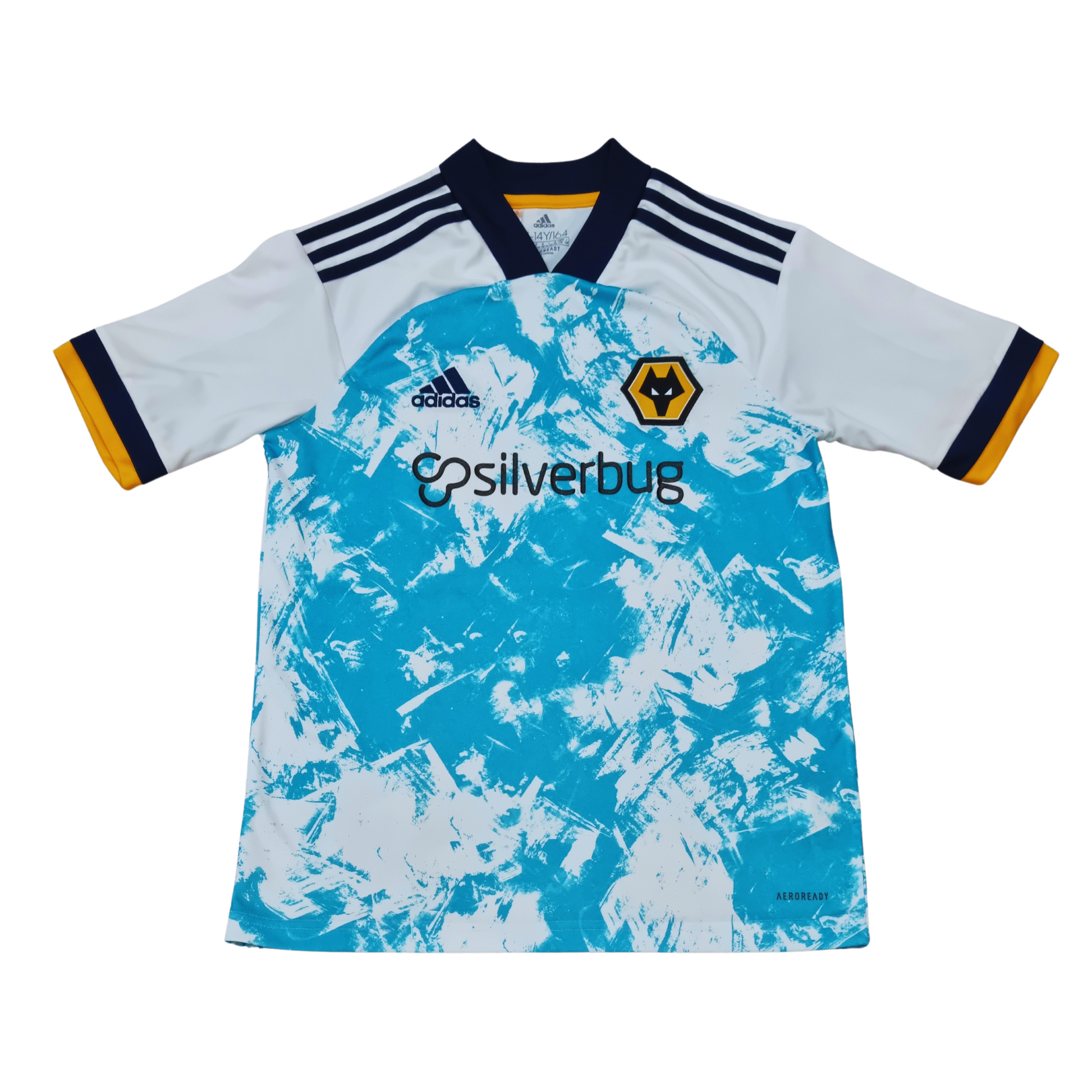 A blue and yellow Adidas Wolverhampton Wanderers 2020/21 Away Jersey with the word Wolverhampton Wanderers on it.