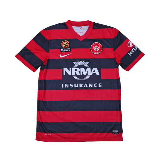 A red and black Nike Western Sydney Wanderers 2013/14 Home Jersey in mens size medium with the words "nrma insurance" on it.
