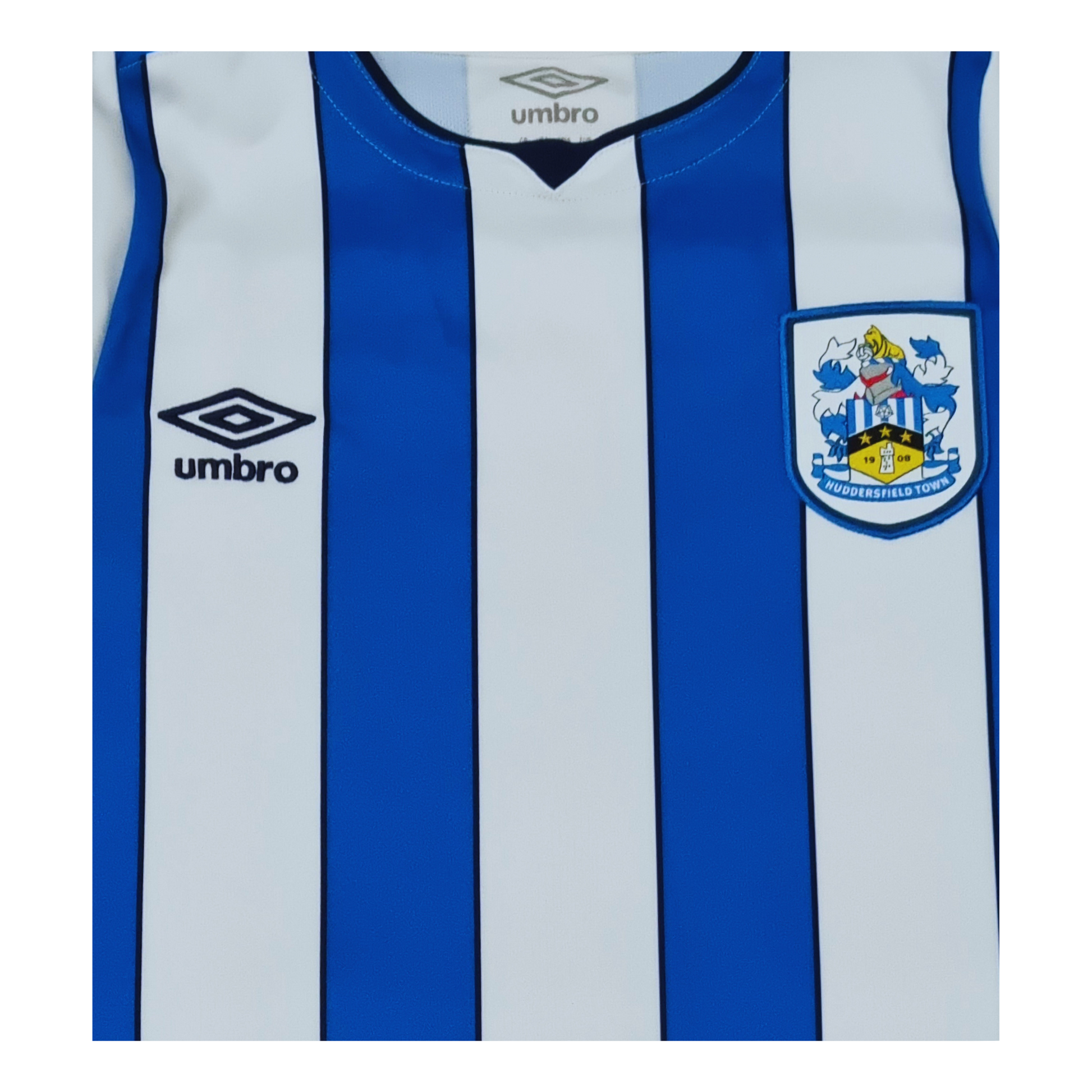 A blue and white Umbro Huddersfield Town 2019/20 Home Jersey with a blue and white stripe.